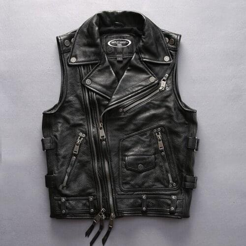 Classic Real Mens Motorcycle Biker Vest Black Lapel Multi Zip Pocket Rider Genuine Leather Cowhide Sleeveless Jacket