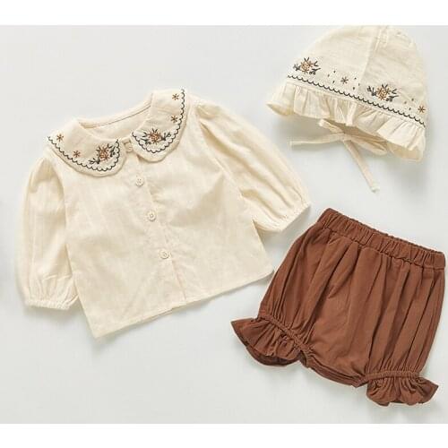 Newborn Baby and Toddler Set Autumn Long Sleeve Baby Girl Lapel Embroidery Top+pant+hat 3Pcs Suit Kids Fashion Clothing Set