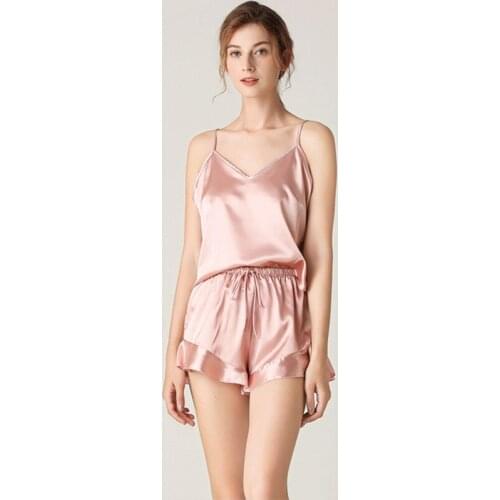 Woman Pajamas Set Summer Two-Pieces Faux Silk Sling Shorts Sleepwear for Woman Pure Color Thin Casual Breathable Female Homewear