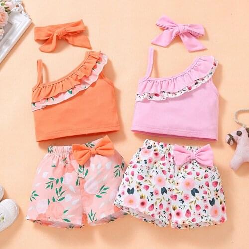 3PCS Girls' Suit 2021 Summer Fashion New Sling Top + Printed Shorts + Headscarf Childrens Suit Girl Clothes 1-5 Years Old
