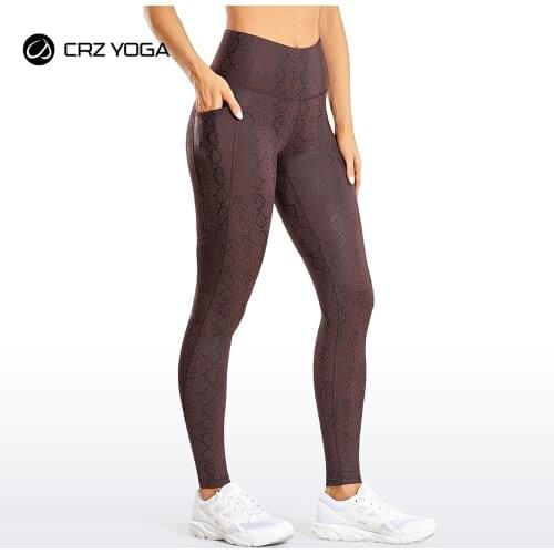 CRZ YOGA Womens Stretchy Faux Leather Leggings Yoga High Waisted Workout Tights with Pockets -28 Inches