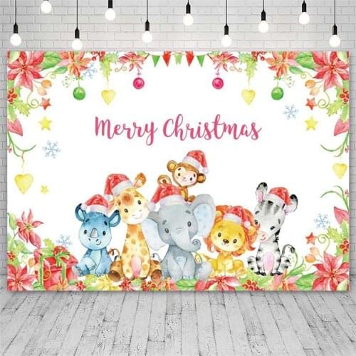 Cute Cartoon Animals Merry Christmas Banner Backdrop Photography Elephant Lion Kids Family Party Decor Photo Background