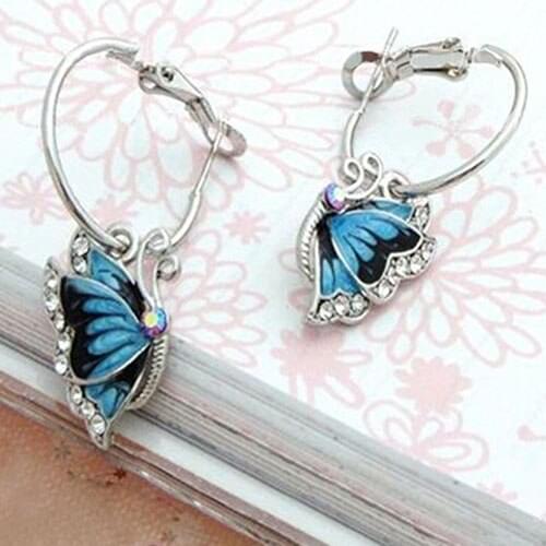 Fashion Women 1Pair Blue Crystal Rhinestone Enamel Butterfly Dangle Earbob