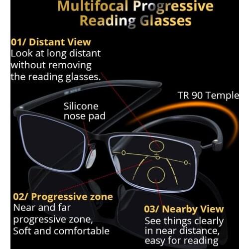 Multifocal Men Reading Glasses Progressive Bifocal Anti Blue Ray Metal Half Frame Presbyopia Glasses Women Tr90 Gafas 1.0 1.5