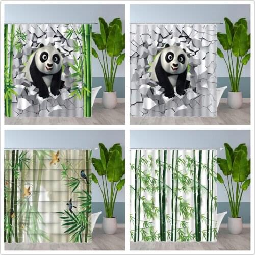 Cartoon Cute Panda Animal Shower Curtains Green Bamboo Plant Lotus Scenery Bathroom Waterproof Polyester Cloth Curtain Decor Set