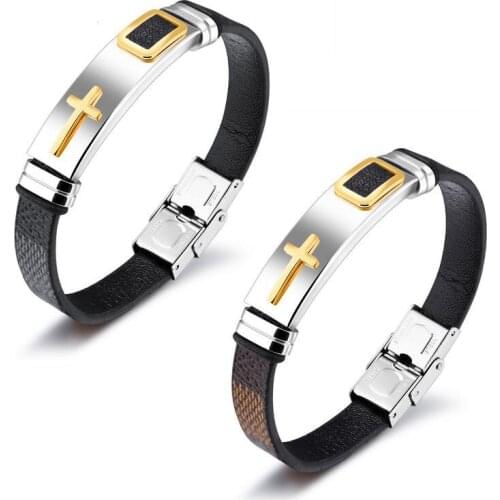 Men Boy Black Golden Cross Stainless Steel Genuine Silicone Leather Adjustable Bracelet Bangle Wristband