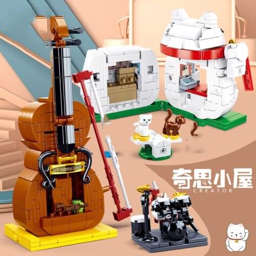 City street view sets Musical Instrument mini shop market guitar cat building blocks store creator architecture friends for girl