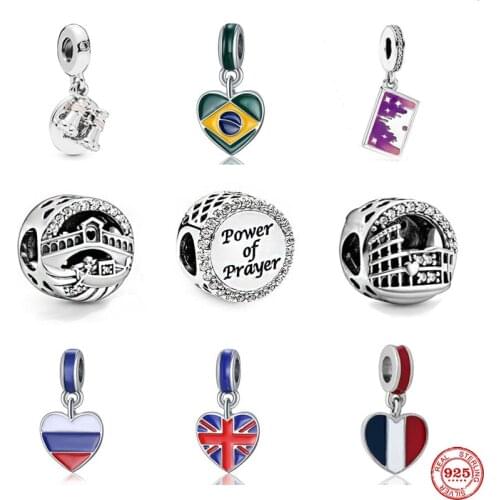 NEW original UK brazil russian france flag cross heart diy bead fit Pandora charms silver 925 Bracelet trinket jewelry for women