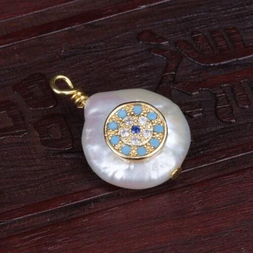 Tiny gold mint ice blue cz disc blue eye protection charm freshwater pearl pendant bead charm for choker earring jewelry DIY