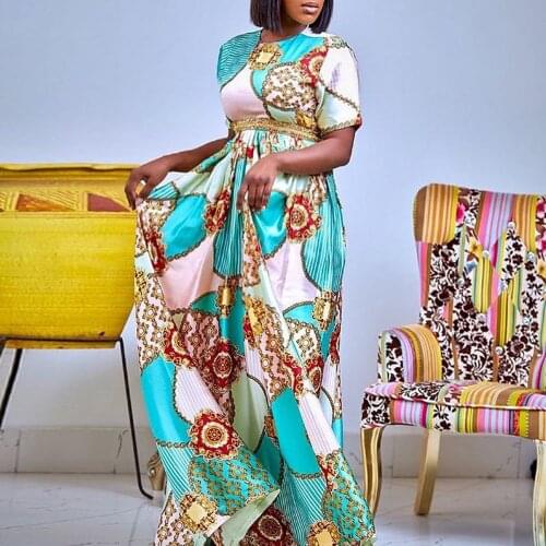 Plus Size Long Dress Summer Round Neck Short Sleeve High Waisted Women Casual 3xl Pattern Print Fashion African Blue Maxi Dress