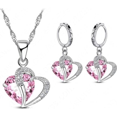 Luxury Women 925 Sterling Silver Cubic Zircon Necklace Pendant Earrings Sets Cartilage Piercing Jewelry Wedding Heart Design