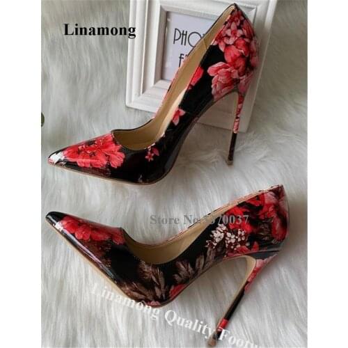 Linamong Beautiful Flowers Printed Stiletto Heel Pumps Mixed-colors Pointed Toe Patent Leather High Heels Wedding Dress Shoes