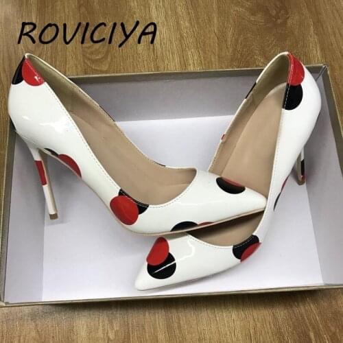 White pumps 12cm high heel stiletto shallow pointed toe sexy shoes party nightclub womens shoes red black dot QP068 ROVICIYA