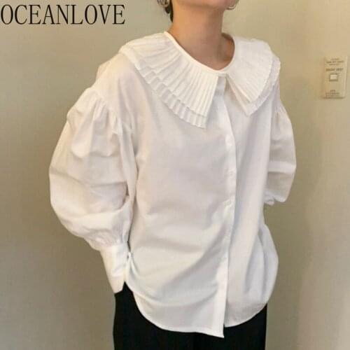 OCEANLOVE Vintage Pleated Double-deck Turn-down Collar Blusas Mujer Moda 2021 Spring Solid Single Breasted Womens Blouse