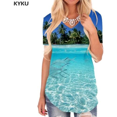 KYKU Fish T-shirt women Animal Tshirts Printed Ocean V-neck Tshirt Coconut Tree Shirt Print Womens Clothing Fashion Casual Tops