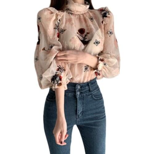 PERHAPS U Women Floral Blouse Vintage Hollow Out Female Office Ladies Tops Casual Lace Long Sleeve Blouse Shirts B3031