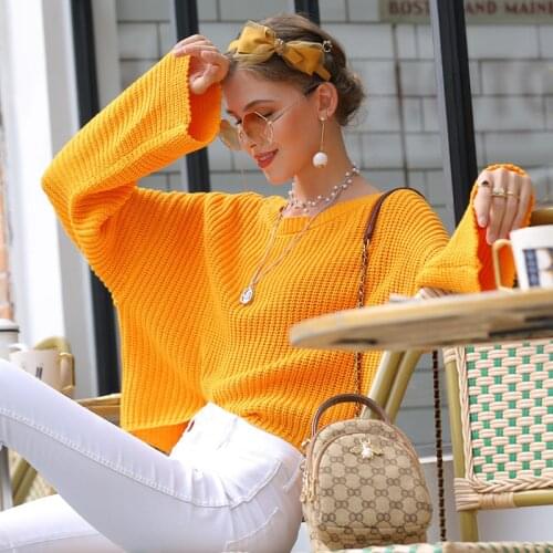 Womens Neon Sweater Autumn Winter Females Long Flare Sleeve O-Neck Fashion Oversized Knitted Shirts