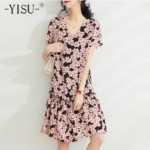 YISU Women Summer Dress V-Neck Knitted pullover Dress Short sleeve Printing Knee-length skirt Casual Female Jumper Dress