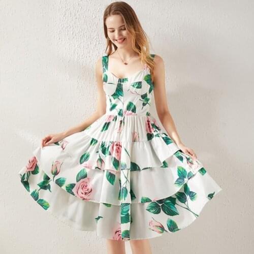 Summer Runway Boho Midi Dresses Elegant Womens Spaghetti White Rose Flowers Print High Waist Holiday Ruffles Dress Vestidos