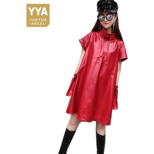 New Fashion Women Sheepskin Genuine Leather Dress Belted Short Sleeve Turtleneck Loose Fit Dresses Ladies Harajuku Short Dress