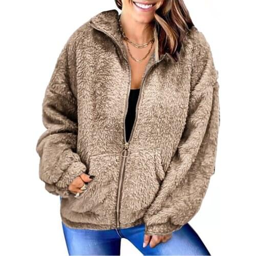 Winter Women Jacket Double Sided Velvet Pockets Zip Up Wool Coat Warm Plus Velvet Thick Oversized Jacket Loose Solid Outwear