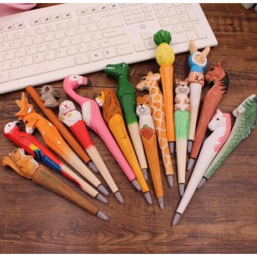 200pcs/sets Handmade Ballpoint Pen Lovely Artificial Wood Carving Animal ball pen Creative Arts blue pens gift New many color SN