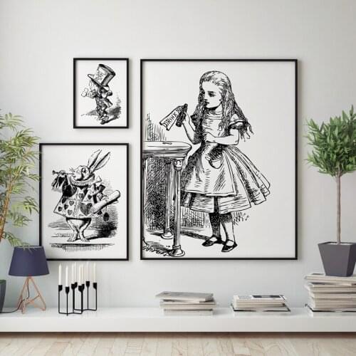 Alice Art Vintage Hand Drawn Canvas Painting Posters and Prints Wall Art Pictures for Living Home Decor Room Decoration
