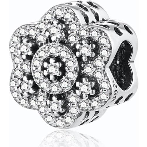 Openwork Crystalized Floral Charm fit Lady Bracelet Bangle Authentic S925 Silver Bead DIY Jewelry Making Clear CZ