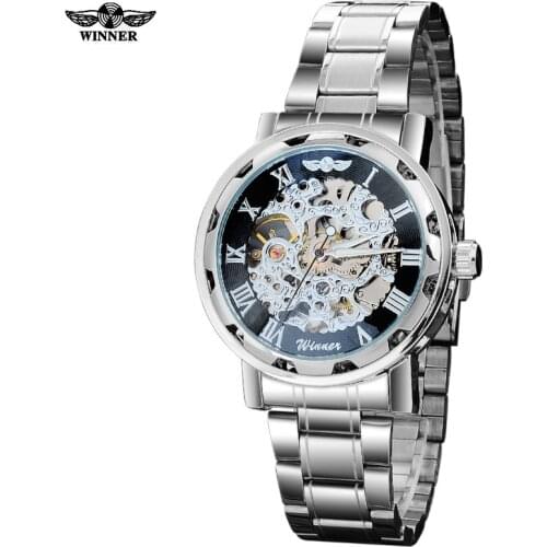 Winner band men fashion casual sports Automatic self wind Mechanical Skeleton watches Silver black full stainess steel watch