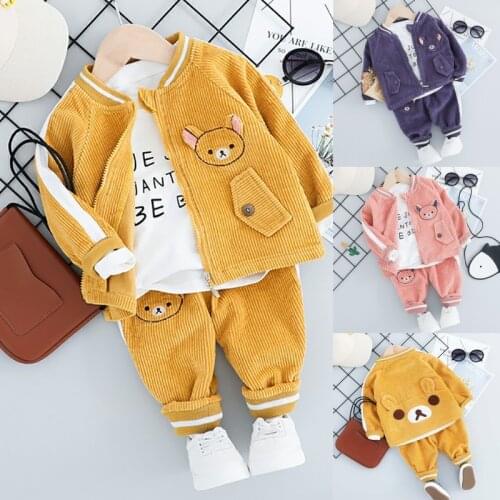 Childrens Suit 2019 Autumn New Boy Clothing Cartoon Bear Corduroy Three-piece Baby Jacket T-shirt + Pants Suit