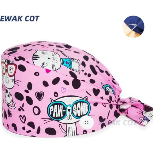 Dentist Cartoon Surgical Cap with Buttons Women Men Nurse Doctors 100% Cotton Anime Printed Clinic Beauty Accessories Scrub Caps