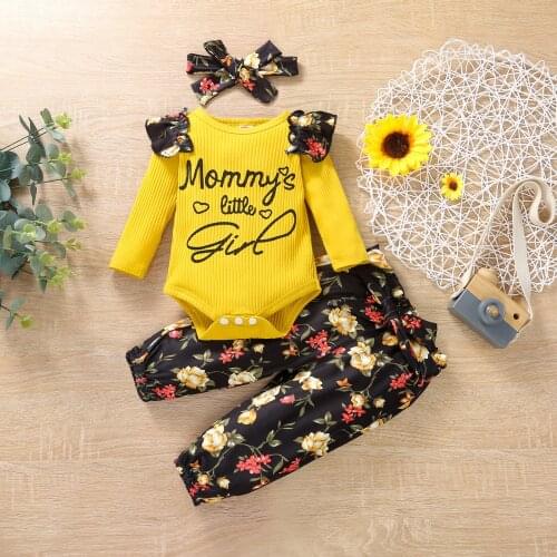 Toddler Newborn Baby Girls Clothes Long Sleeve Ruffles Letter Printed Romper Printing Pants Headband Set