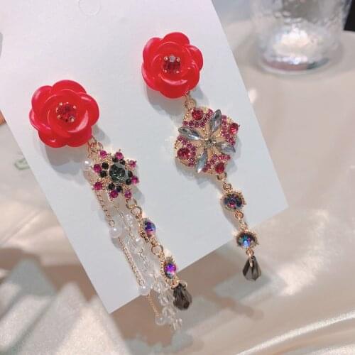 Korean Luxury Red Flower Crystal Drop Earrings For Women Elegant Pearl Tassel Long Pendientes Party Jewelry Gifts