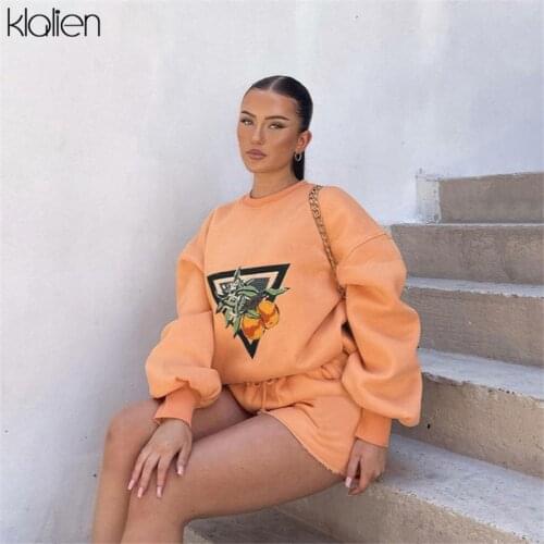 KLALIEN Autumn Fashion Casual Print Pullover Hooded and Shorts Two Piece Set For Women Streetwear Sports Loose Tracksuit Lady