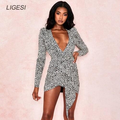 Leopard Bandage Bodycon Dress Women Sexy Party Dresses Elegant Deep V Neck Mini Autumn Spring Dress 2019 Vestidos