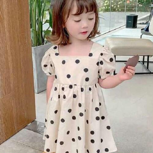 Summer Girls Dress Simple Style Square Neck Polka Dot Short Sleeve Princess Dress Baby Kids Clothes ChildrenS Clothing
