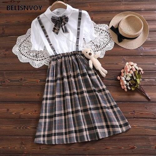Japanese Preppy Style Summer Women Dress Turn-down Collar Bow Patchwork Plaid Dress Cute Kawaii Girls Dress With Bear Ornament
