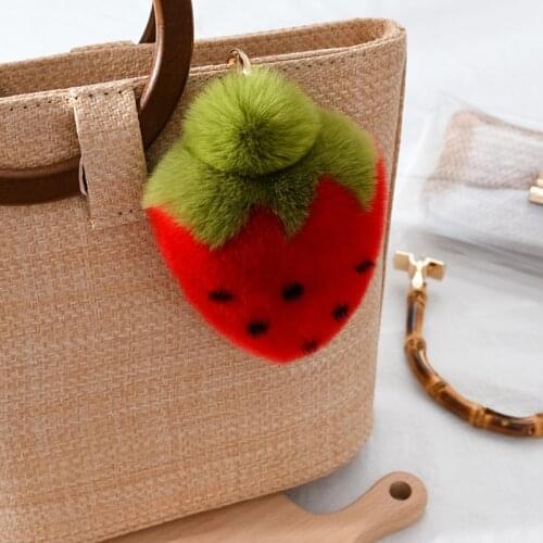 Cute Female Strawberry Key Ring Rex Rabbit Fur Handmade Fashion Car Key Chain Bag Accessories