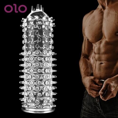 OLO Reusable Condom Male Enlargement Penis Sleeve Delayed Ejaculation Cock Cover Ring Penis Rings Adult Sex Toys for Men