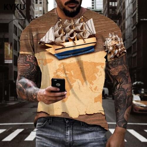 KYKU Brand Compass T-shirt Men Sail Tshirts Casual Map Shirt Print Retro Anime Clothes Short Sleeve T shirts Casual Tops Male