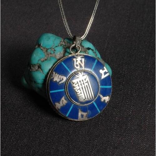 Handmade 925 Silver Nepalese Tibetan Six Words Pendant Necklace Tibetan Buddhist Klachakra Pendant Necklace OM Mantra Pendant