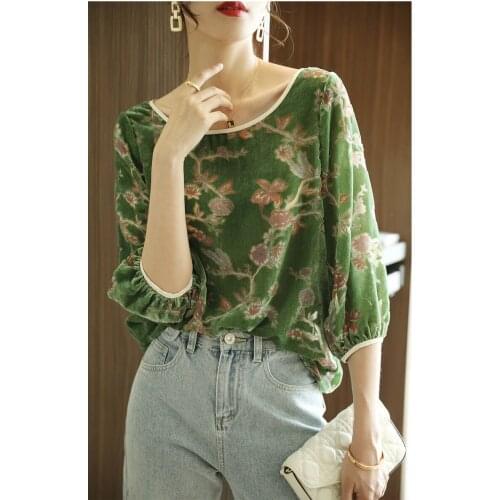 Imitation velvet new coat womens autumn sleeves round neck loose green retro silk t-shirt womens tops and blouses