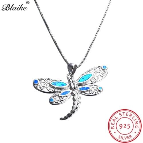 Blaike Cute Dragonfly Pendants 925 Sterling Silver Blue Fire Opal Necklaces For Women Animal Choker Rainbow Birthstone Jewelry