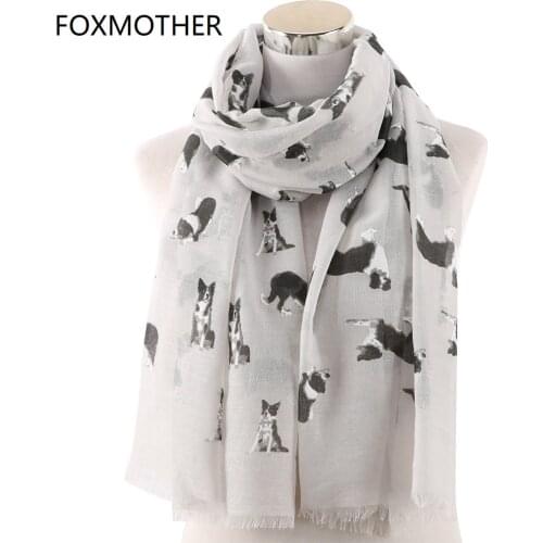 FOXMOTHER New Lightweight Grey White Pet Shepherd Dog Print Scarf For Dog Lovers Shawl Wrap Animal Scarves Ladies