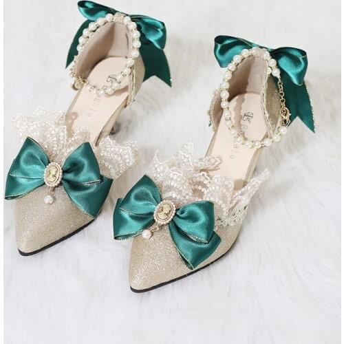 Princess Lolita Shoes Elegant Pointed Toe Thin Satin High Heels Green Wedding Women Dress Shoe Cosplay Anime Sweet Girls Kawaii