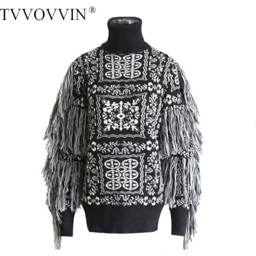 TVVOVVIN Tassel Vintage Pattern Knitted Sweater Lady Style Patchwork Pullover Elegant 2020 Autumn Korea Fashion New Sweater F612