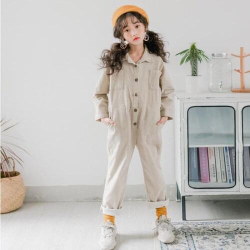 2019 autumn and winter models long-sleeved button corduroy jumpsuit girls tooling big childrens clothing