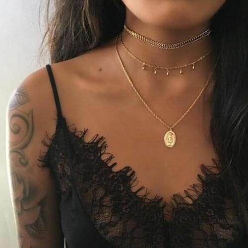 Gold Chain Beads Jesus Virgin Mary Choker Necklace for Women Multi layer Chocker colar necklaces pendants collier femme collares
