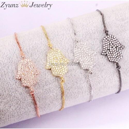 10PCS ZYZ327-1237 CZ Clear Micro Pave Hamsa Hand Connector Bracelet, CZ Pave Jewelry Charm Bracelet