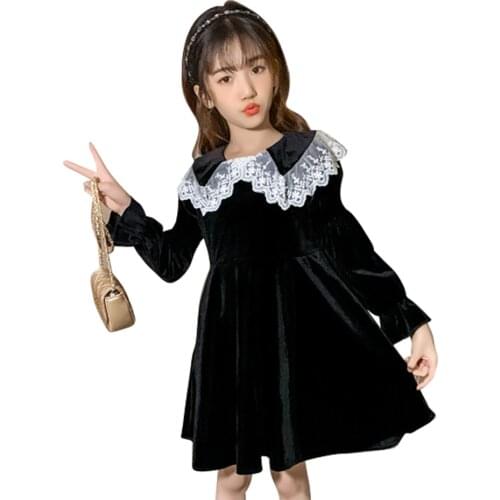 Teenage Girls Velvet Dress Lace Floral Party Dress For Girls Casual Style Spring Autumn Kids Costume clothes 6 8 10 12 14